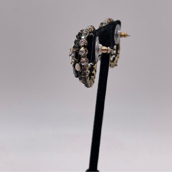 Gold Tone Black Clear Rhinestone Dome Earrings Retro Vibe Super Sparkly - Picture 3 of 5